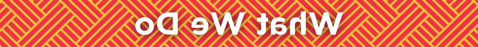 Red and yellow weave pattern with "What We Do" written in white